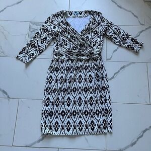 J. MCLAUGHLIN Catalina Cloth Dress Printed Black White 3/4 Sleeve v neck Medium